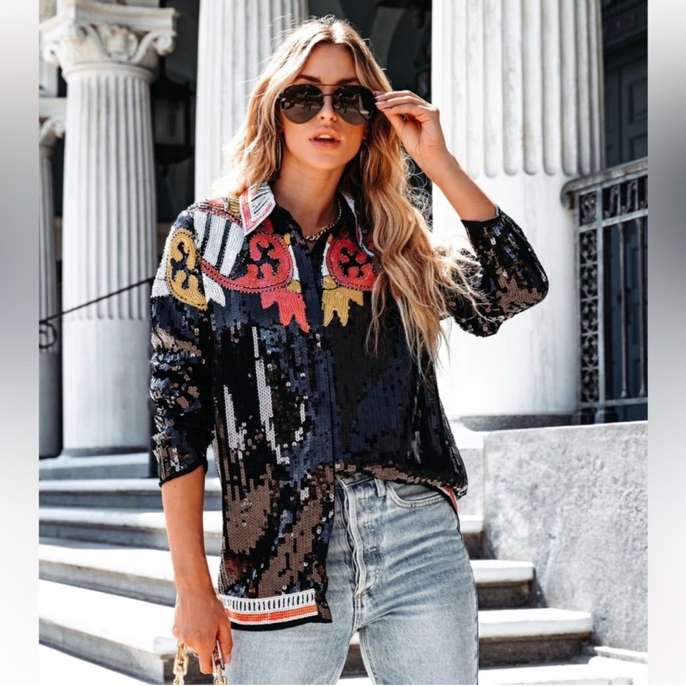 NWT Nasty Gal Country Star Sequin Embellished Black and Multicolor Women's Top